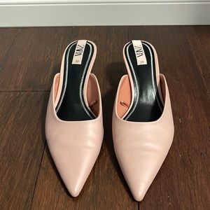 Zara pink leather slip on pointed mules/clogs